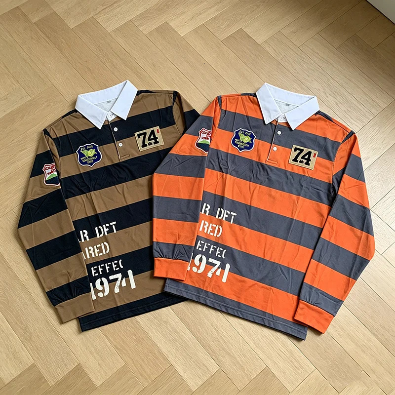 Mens Retro Striped Rugby Polo Shirt 1974 Patch Long Sleeve Collared Top color-blocking Casual Streetwear Summer 260527BJ
