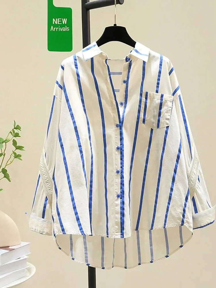 2025 Early Autumn Arrival Womens Oversized Youthful n Patchwork Blue Striped Shirt Fashion 260527 07