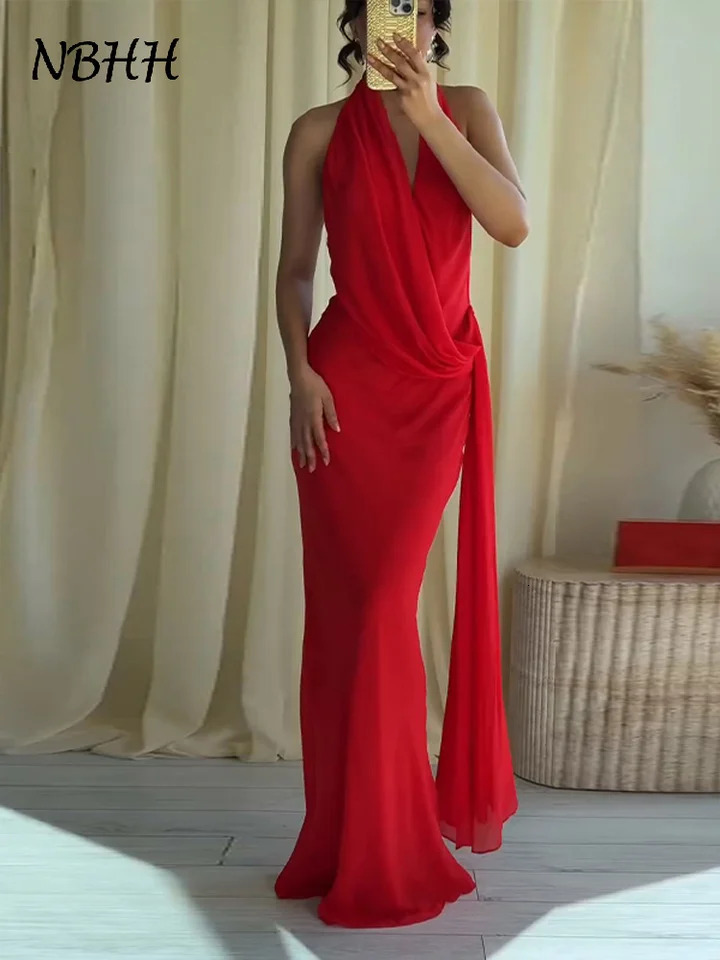 Sexy Red Ribbon Halter Long Dresses Women V Neck Sleeveless Backless Pleated Womens Dress 2026 Summer Evening Party Robe 260527BJ