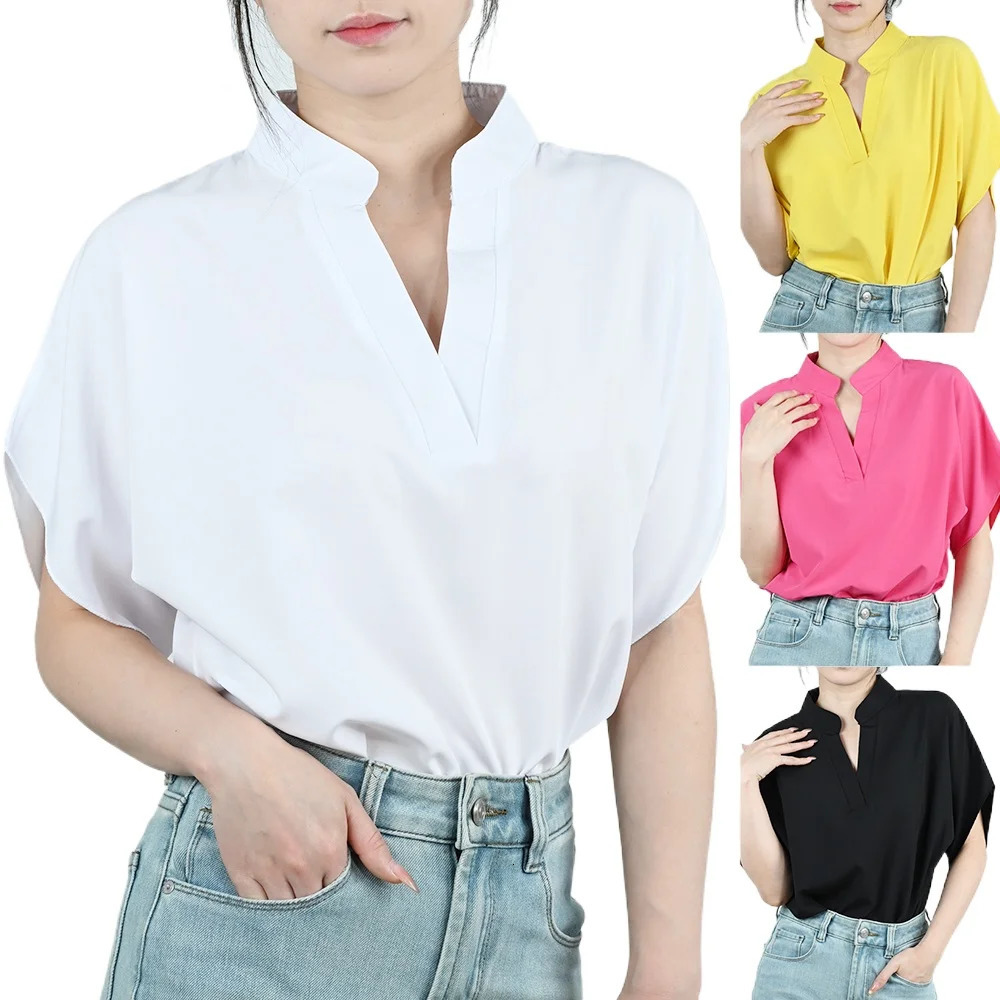 Summer Women Short Sleeve Shirt Famale V-neck Solid Color Loose Blouse Lady Casual White Black Red Tops Office Chiffon Blouses 260526BJ