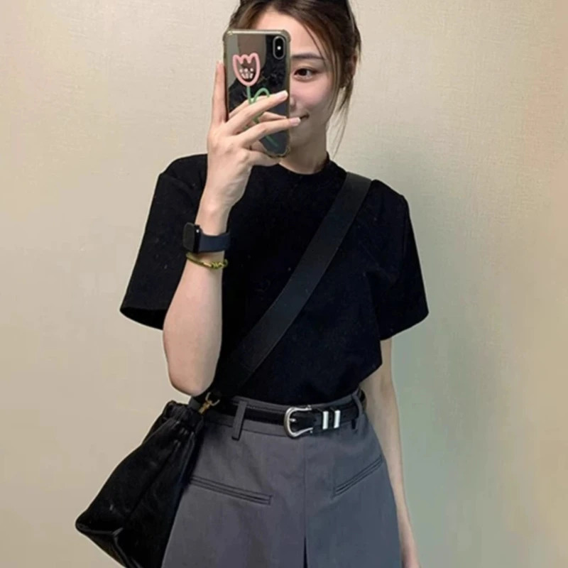 Summer Womens Retro Black Shortsleeved Tshirt Pure Cotton Inner Fashion Bottoming Shirt Solid Color Top 260625