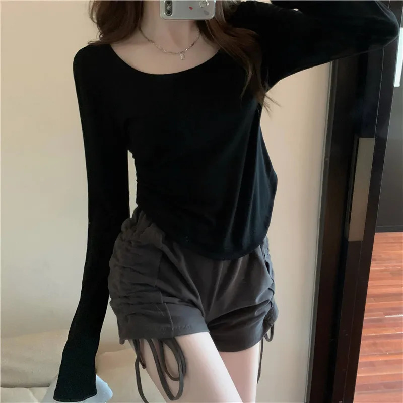 Womens temperament elegant bottoming thin section long-sleeved T-shirt irregular Slim short tops bottoming shirt 260526BJ
