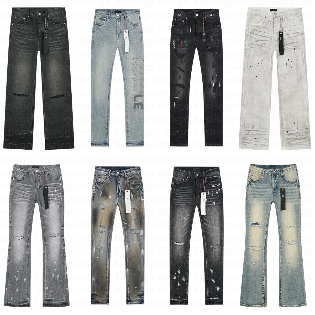 Designer jeans men women high street fashion brand ripped hole splashed ink retro straight leg pants men casual distressed washed slim fit jeans-image-797885280
