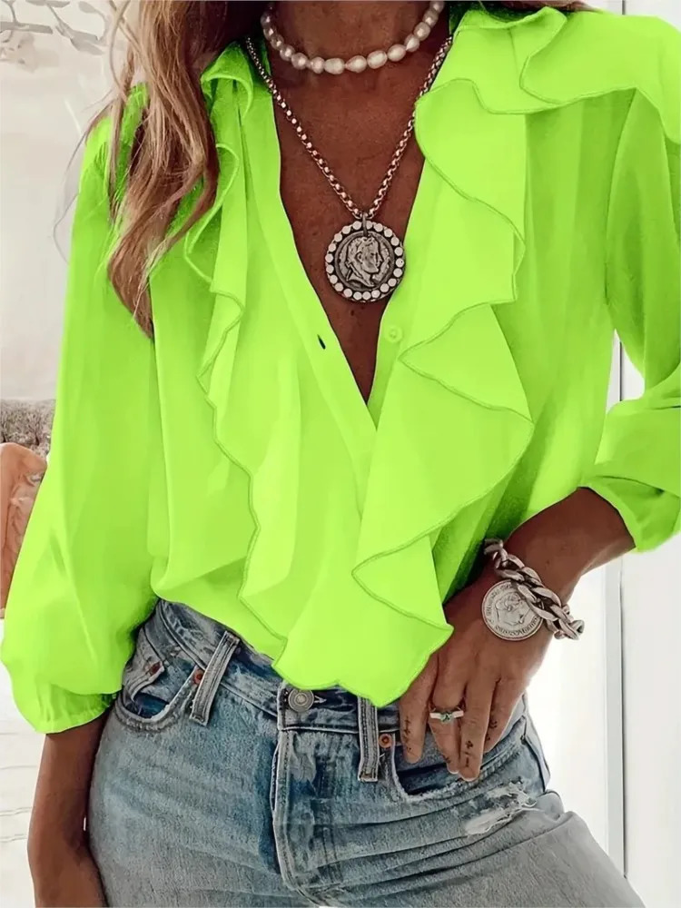 Womens Shirt V-neck Long-sleeved Ruffle Top Spring Summer Fashion Elegant Solid Office Holiday Casual Shirts Womens Clothing 260526BJ