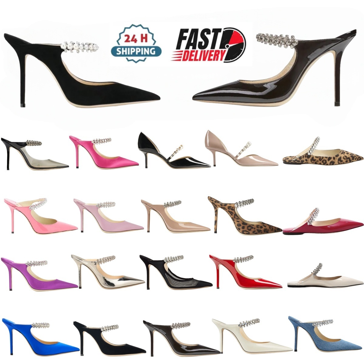 Sandales à talons strass de styliste pour femmes, chaussures de robe de mariée noires, sandales à enfiler à bout pointu, escarpins d'été en cuir