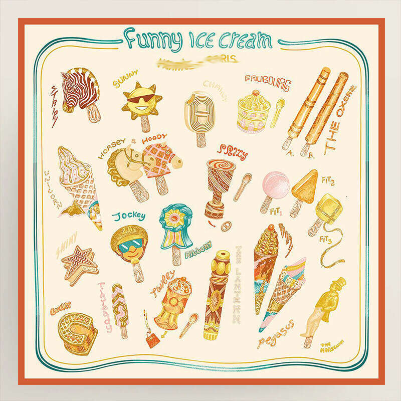 Designer silk twill double-sided print 18 m female Fun Ice Cream High-End Original 18 Momme Real Mulberry 90cm Square Framed Silk Scarf Painting
