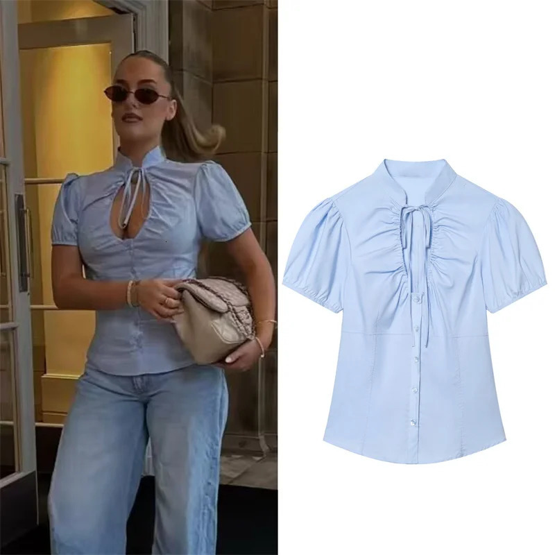 Womens Shirt 2026 Spring Style Blue Short Sleeve Bow Decorated Sexy Hollowed Out Poplin Casual Fashion Unique 260527