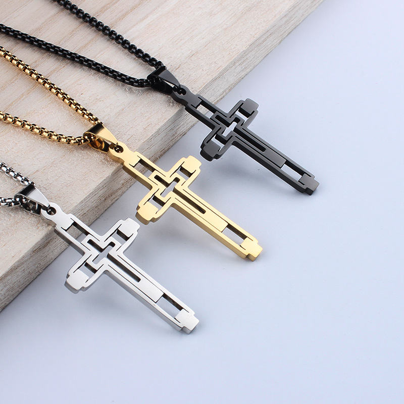 Hollow Cross Pendant Necklace, Hip-hop Vintage Titanium Steel Choker Chain, Non-fading Unisex Statement Necklace for Men Women-image-1107899370