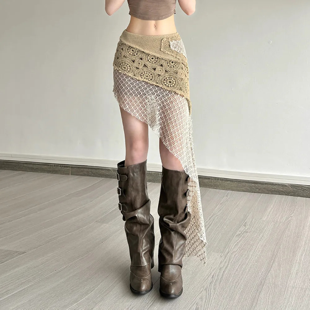 SylCue Knitted Elegant Skirt Women Low Waist Patchwork Irregular Hip-Covering Street Fashion Versatile Casual Sweet Style Bottom 260527BJ