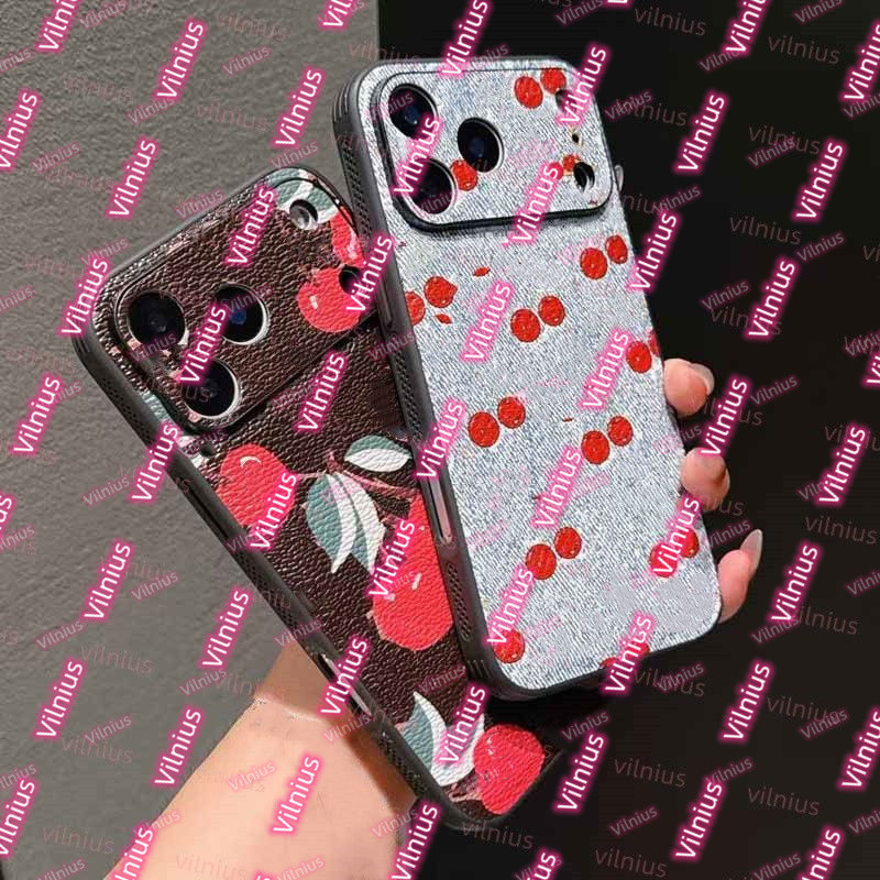 Cherry Print Leather Texture Phone Case Designer Anti-Scratch Shockproof Cover for iPhone 17 16 15 14 13 Pro Max, Cute Fruit Pattern Back to Scho-image-1107831078