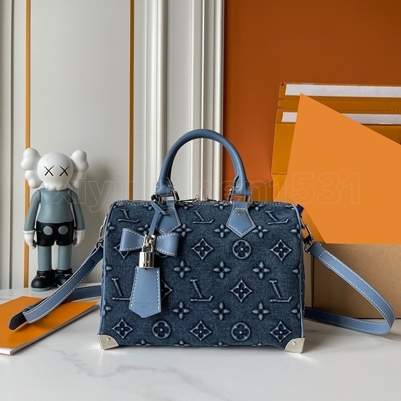 Designer Monogram Denim Duffle Bag Blue Leather Trim Top Handle Adjustable Strap Lock & Bow Decoration Handheld Shoulder Crossbody Purse New Retro C