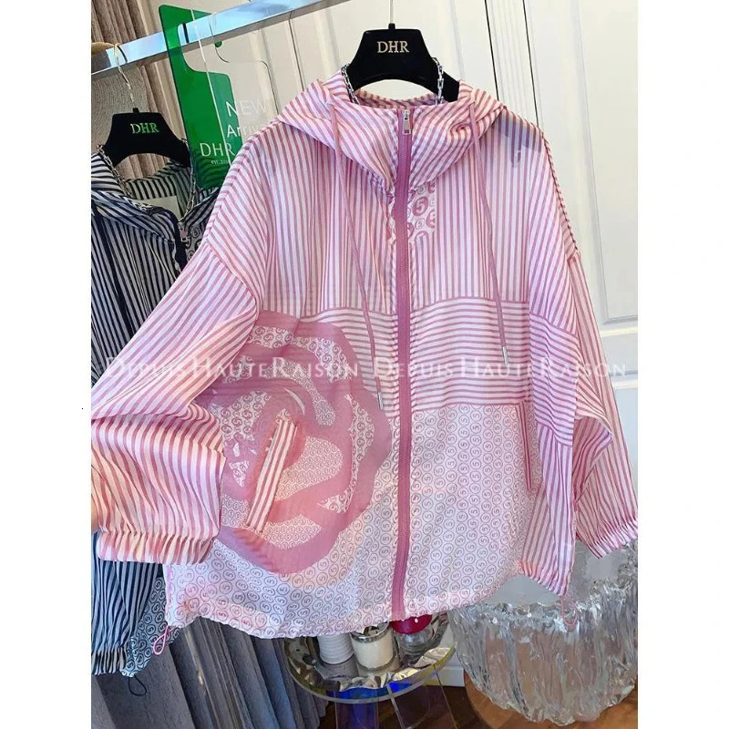 Women Summer Korean Commute Hooded Spliced Striped Printed Pockets Loose Breathable Long Sleeve Sunscreen Clothing Coat 260526BJ