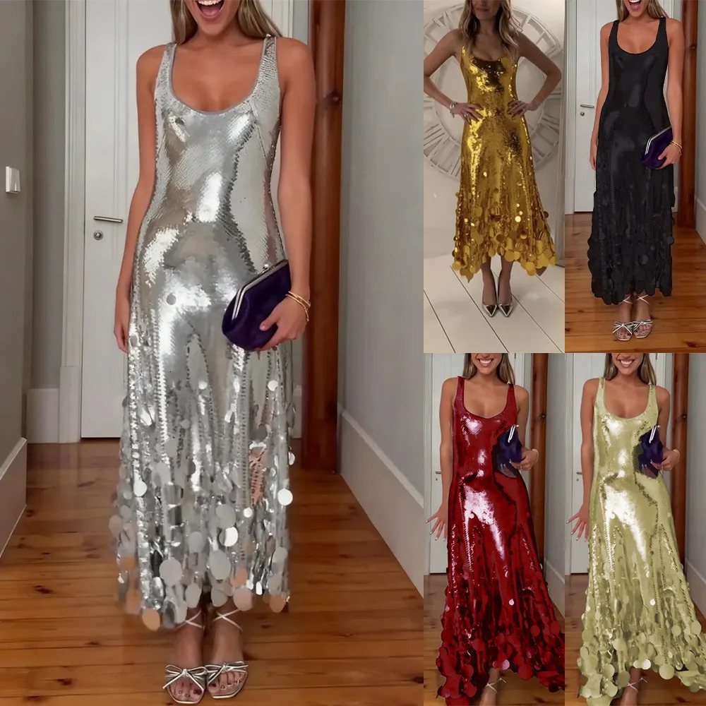 Spring Summer Fashion Sequin Women Banquet Dress Stylish Silver Female Sleeveless Dresses 260526