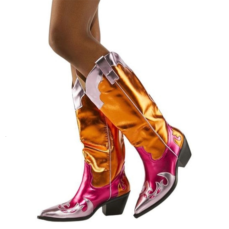 2026 Plus size Chic Metallic Cowboy Boots for Women Western Cowgirls Boots Patchwork Block Heels Country Music Festival Shoes 260519CJBJ