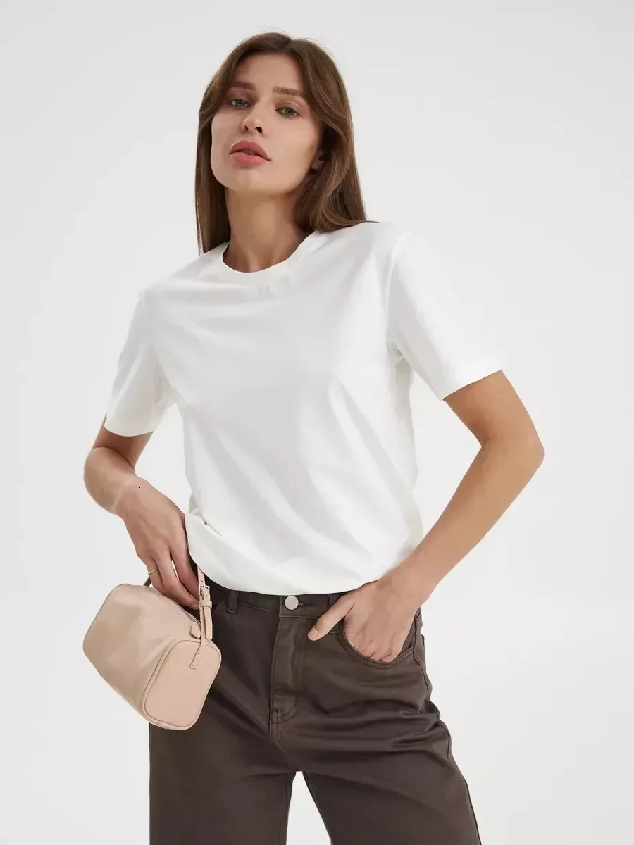 Sumuyoo Summer 100 Cotton Womens T-shirt Bottoming Basic Fashionable Lady Short Sleeve Loose Tops Shirts Solid 230g Tops 260526BJ