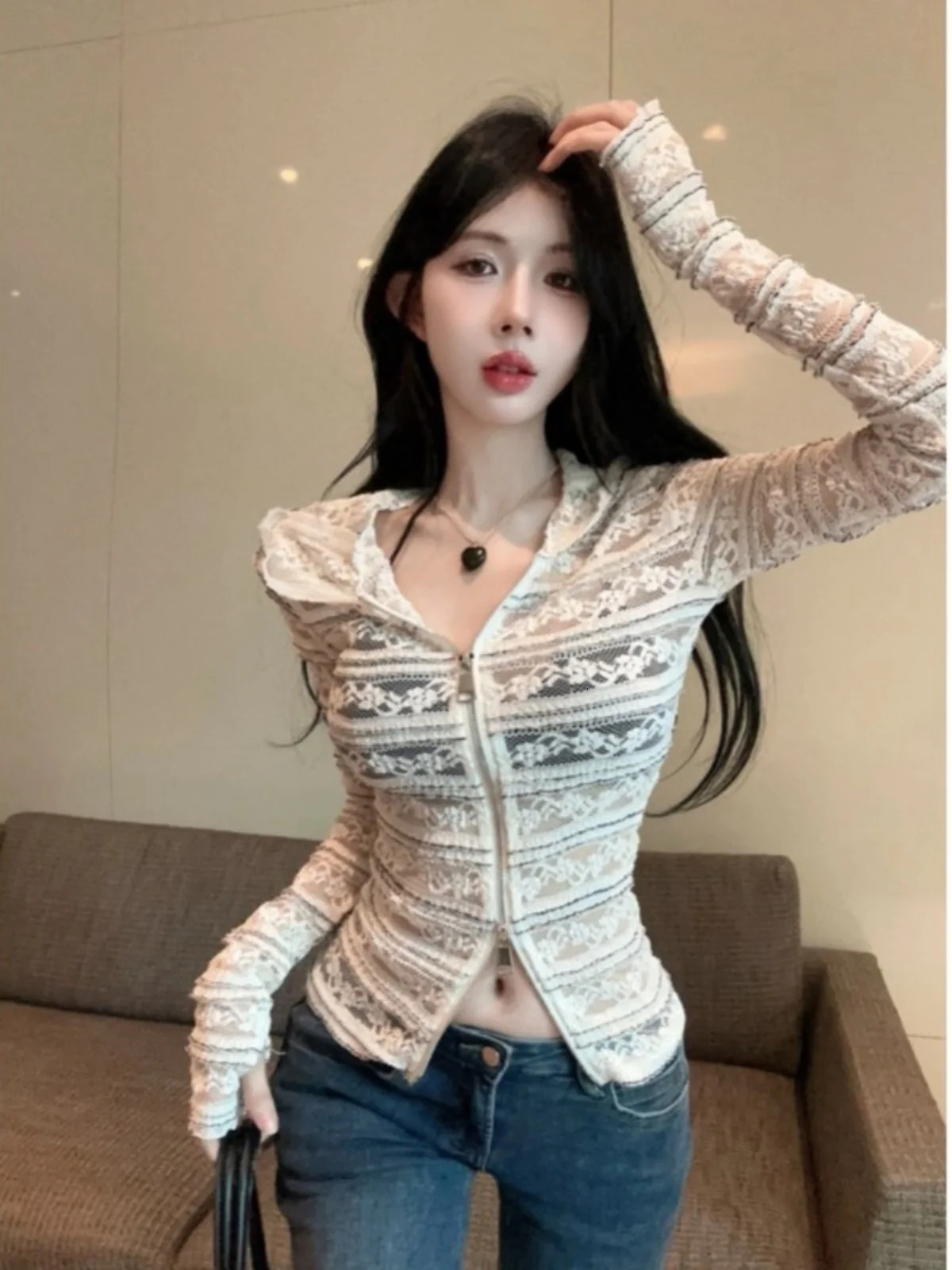American Stripe Hooded Sun Protection irt Women Summer Spicy Girl Top Thin Hollow out Lace Open Cardigan Coat 260526BJ
