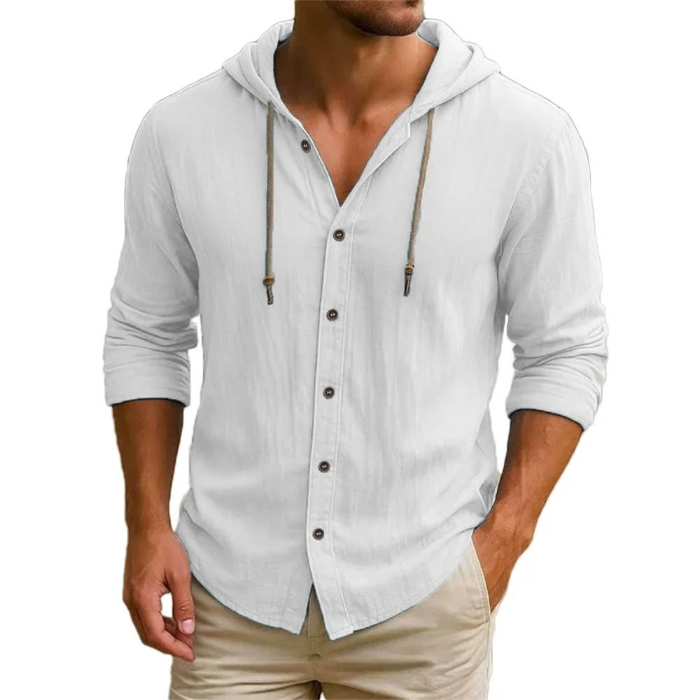 Mens Cotton Linen Hooded Long Sleeve Shirt Mens Casual Hooded Shirt Drawstring Lightweight Summer Beach Vacation Tops 260526BJ