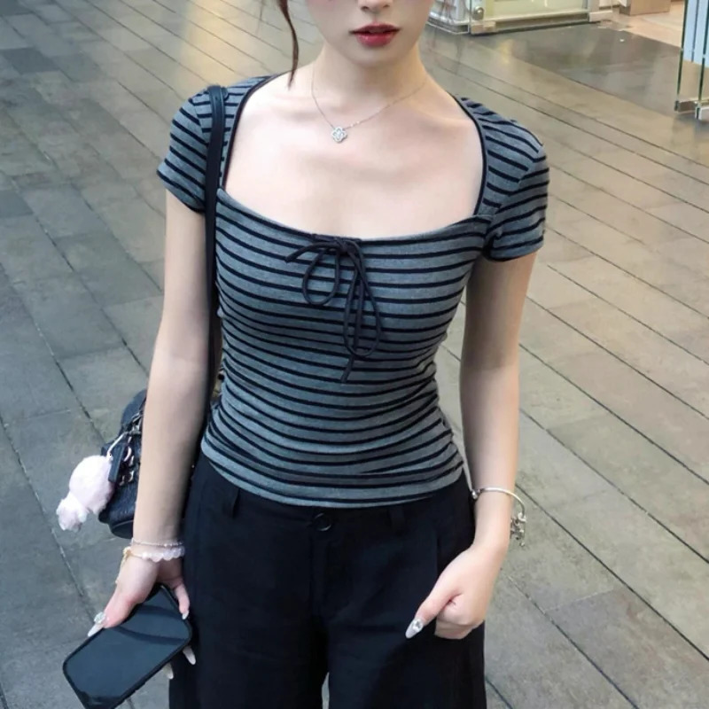Strap Up Square Neck Striped Short Sleeved T-shirt for Womens Summer Slim fit Spicy Girl Top 260526BJ