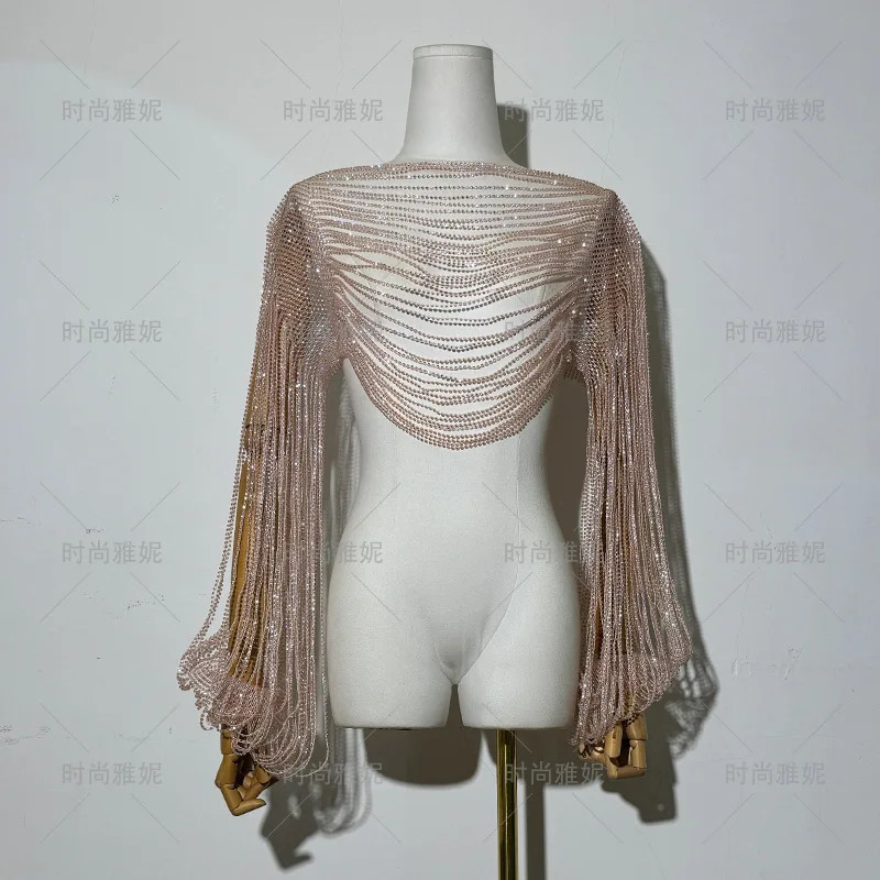 Sexy Women Diamond Chain Tank Top Long Sleeve Holiday Bling Rhinestone Bodycon Poncho Pullover 260522BJ