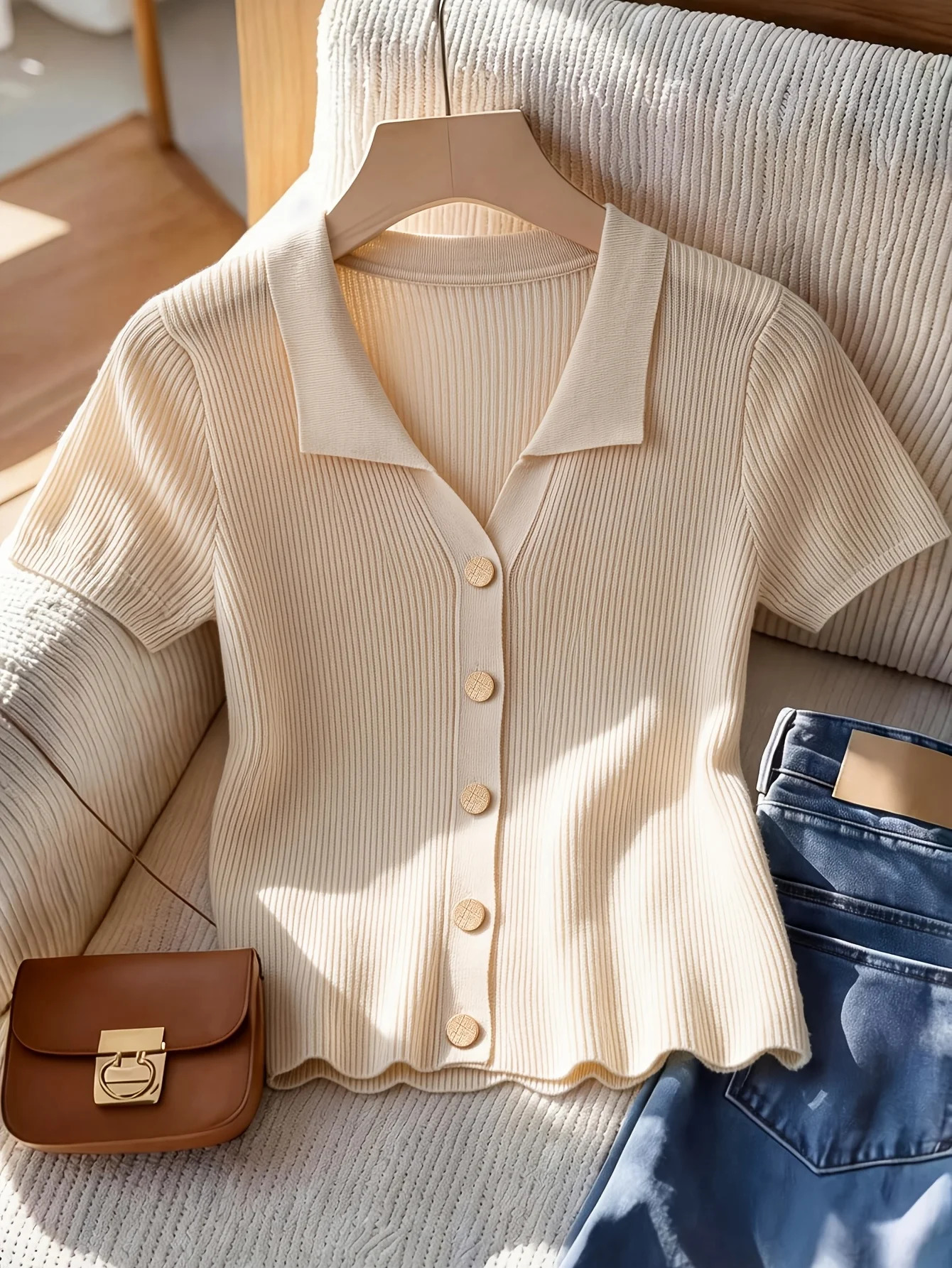 Summer Womens Polo Neck Short Sleeve Button Front Knit Cardigan Solid Color Casual Thin Top 260623