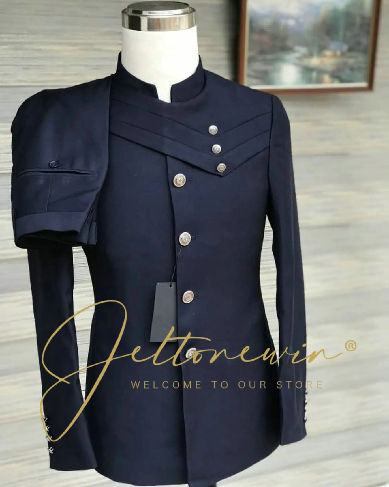 Mens Navy Blue Suit Set with Military Style Stand Collar and Crossed Flap n Slim Fit Formal Wear for Wedding Groomsmen 260527