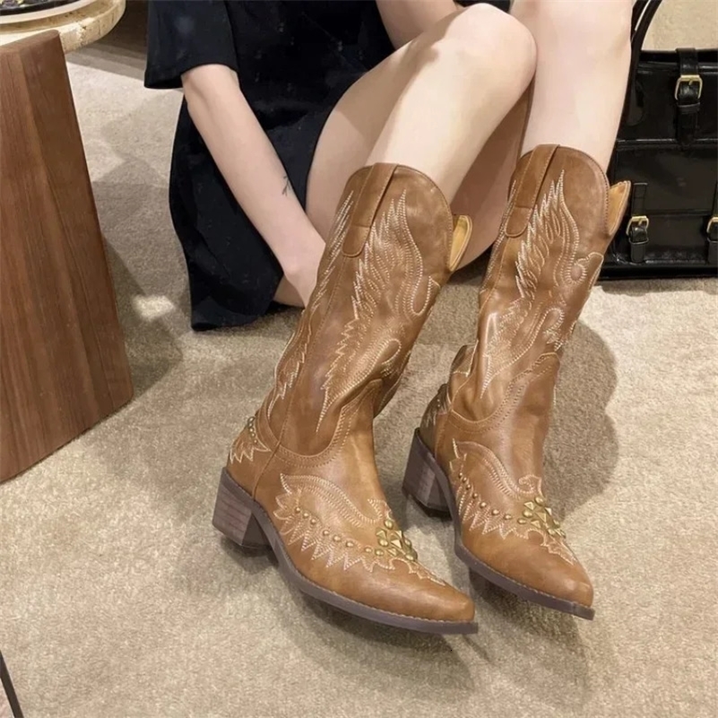 Studded Western Cowboy Boots for Women Autumn Fashion Zip Embroidered Pointed Toe Shoes Chunky Heel Mid Calf Knight Boots 260519CJBJ