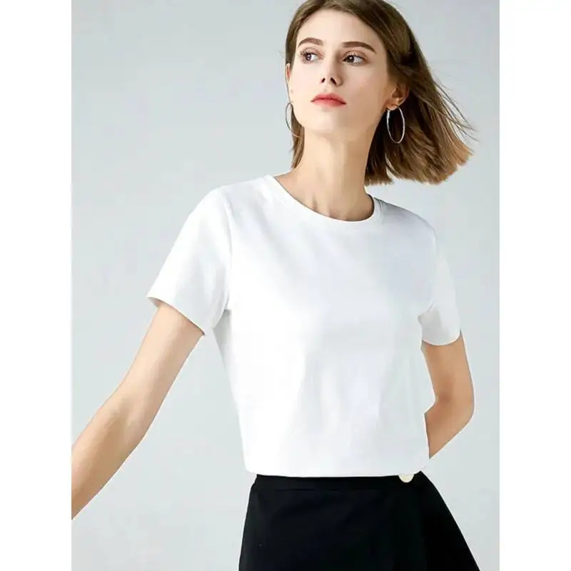 Summer 100 Mercerized Cotton T-shirts Women V-neck Short Sleeve Loose Silky Pure Cotton Bottom Tees Tops 260526BJ