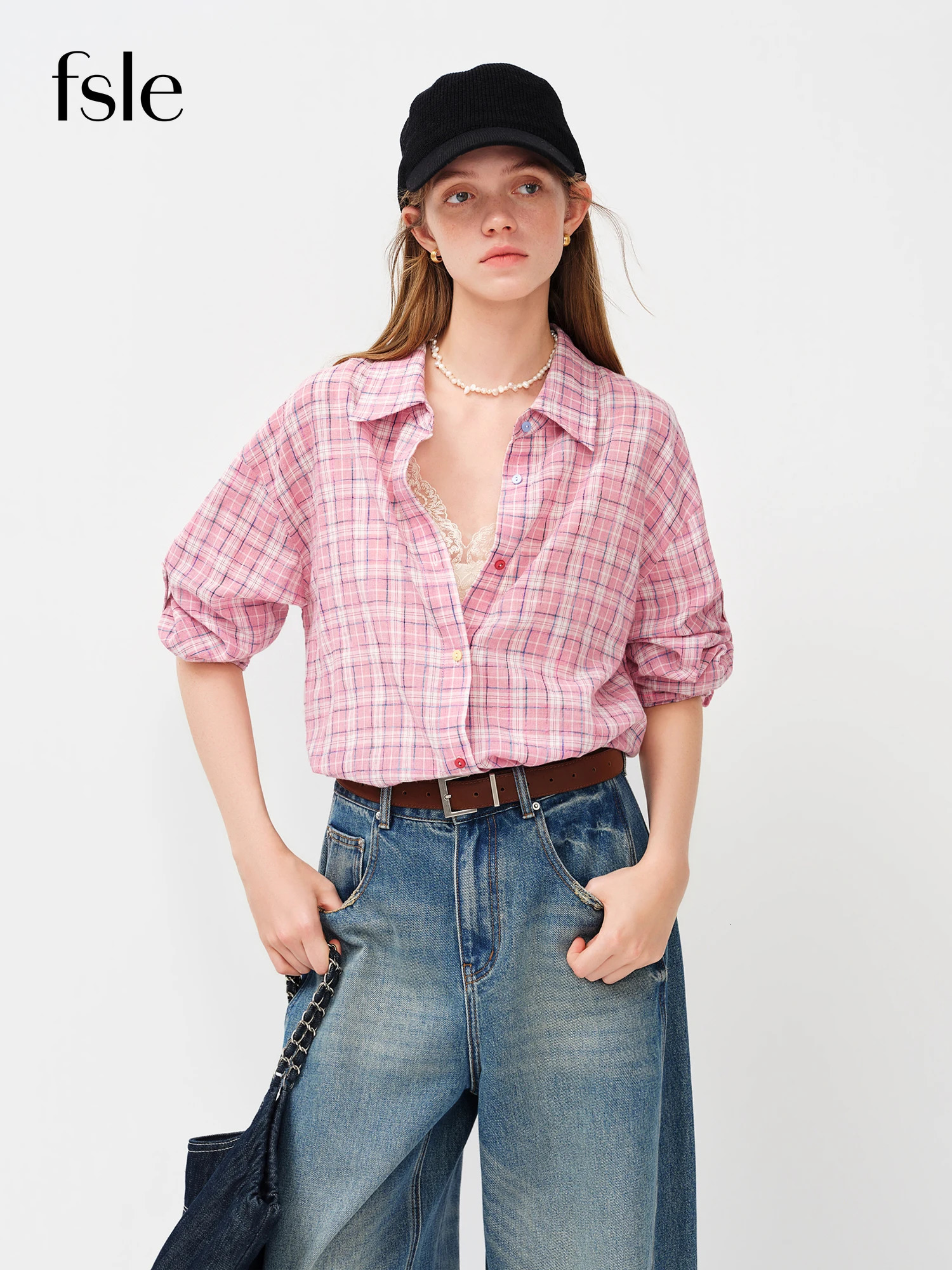 FSLE 2026 Spring Summer Womens Retro Plaid Shirt Jacket Lightweight Casual Overshirt for Daily Outings and Layering 260527