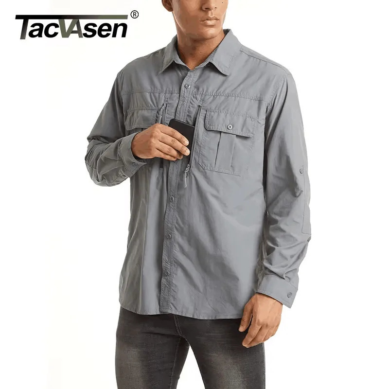 TACVASEN Summer Cargo Shirts Mens Mesh Breathable Long Sleeve Multi-Pockets Work Shirts Quick Dry Hiking Fishing Shirt Outdoor 260526BJ