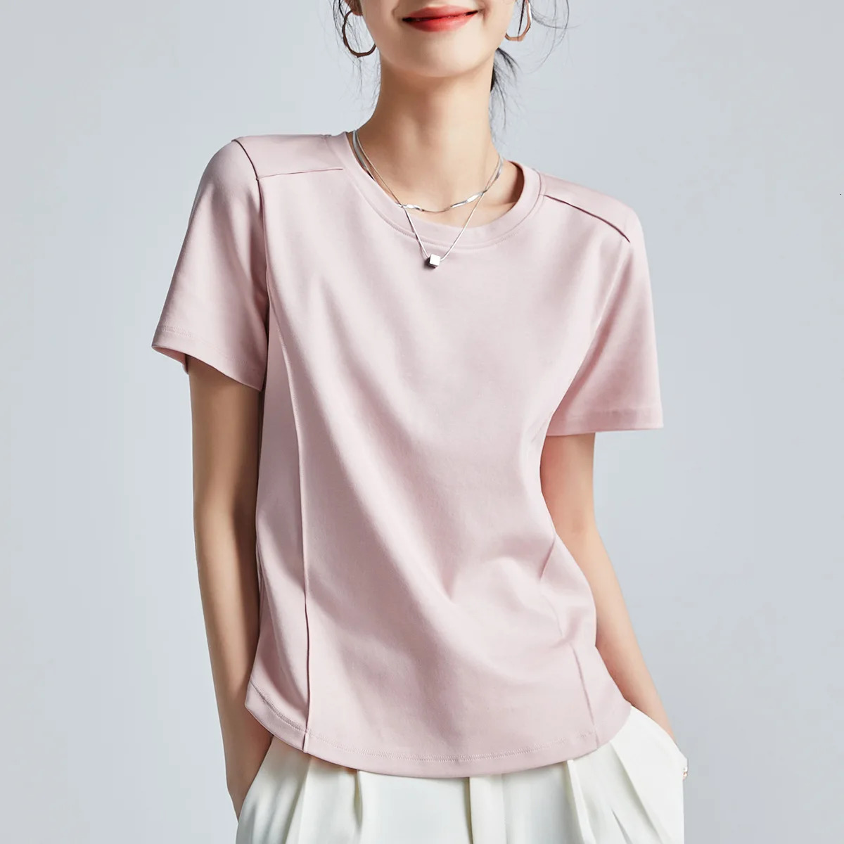 Summer Womens White Mercerized Cotton T-Shirt 3D Stitching Round Neck Basic Top Plus Size Slim Fit Layered Casual Blouse 260526BJ