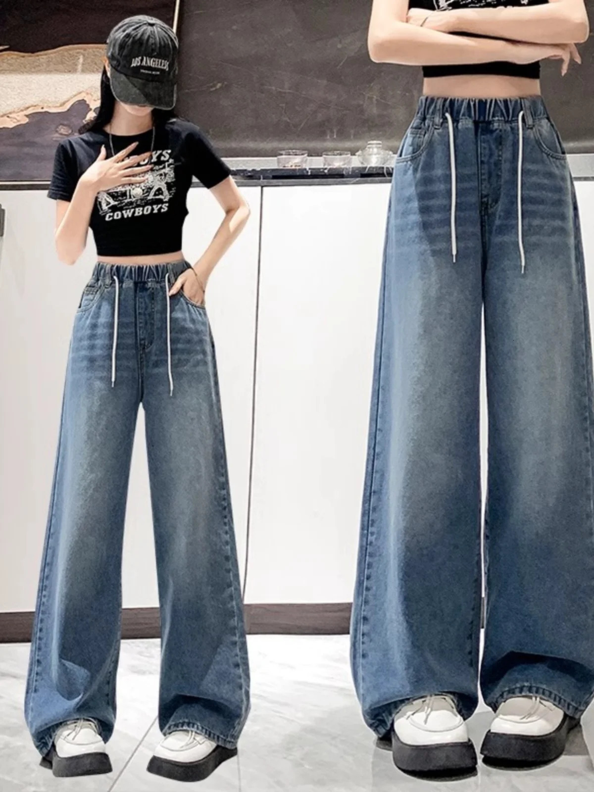 Loose Fit High Waist Wide Leg Jeans Women plus Size Light Blue Elastic Waist Dstring Trousers Autumn Faion plus Size 260526BJ