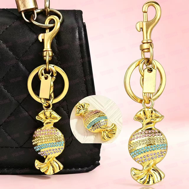 Fashion Candy Shape Bag Charm Keychain Designer Co Gold Plated Alloy with Colorful Crystal Inlay, Luxury Purse Pendant & Car Key Ring for Women Men