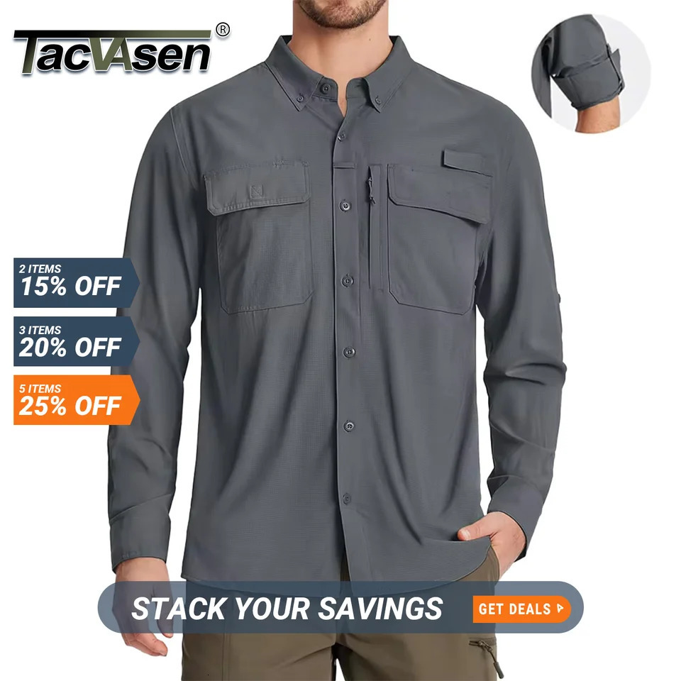TACVASEN UPF 50 Sun Protection Fishing Shirts Mens Quick Dry Long Sleeve Shirts Mesh Breathable Hiking Work Cargo Shirts 260526BJ