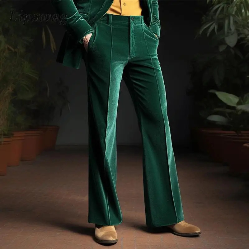 Casual Slim Fit Mens Velvet Trousers 2025 Spring Fall Fashion Solid Color Wide Leg Flared Pants Men Vintage Mid Waist 260527