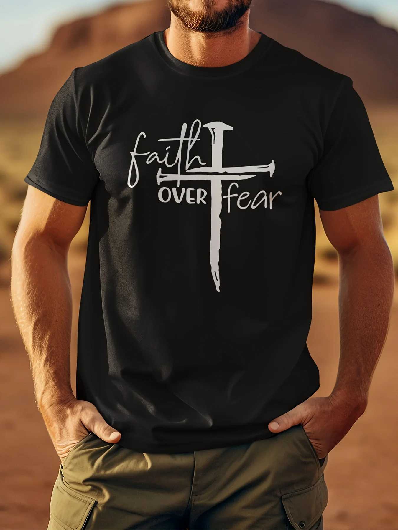 Mens Summer 100 Cotton Fashion Casual Loose Large Size Faith over Fear Letter Printed Sports Round Neck Short Slve T-shirt D260527