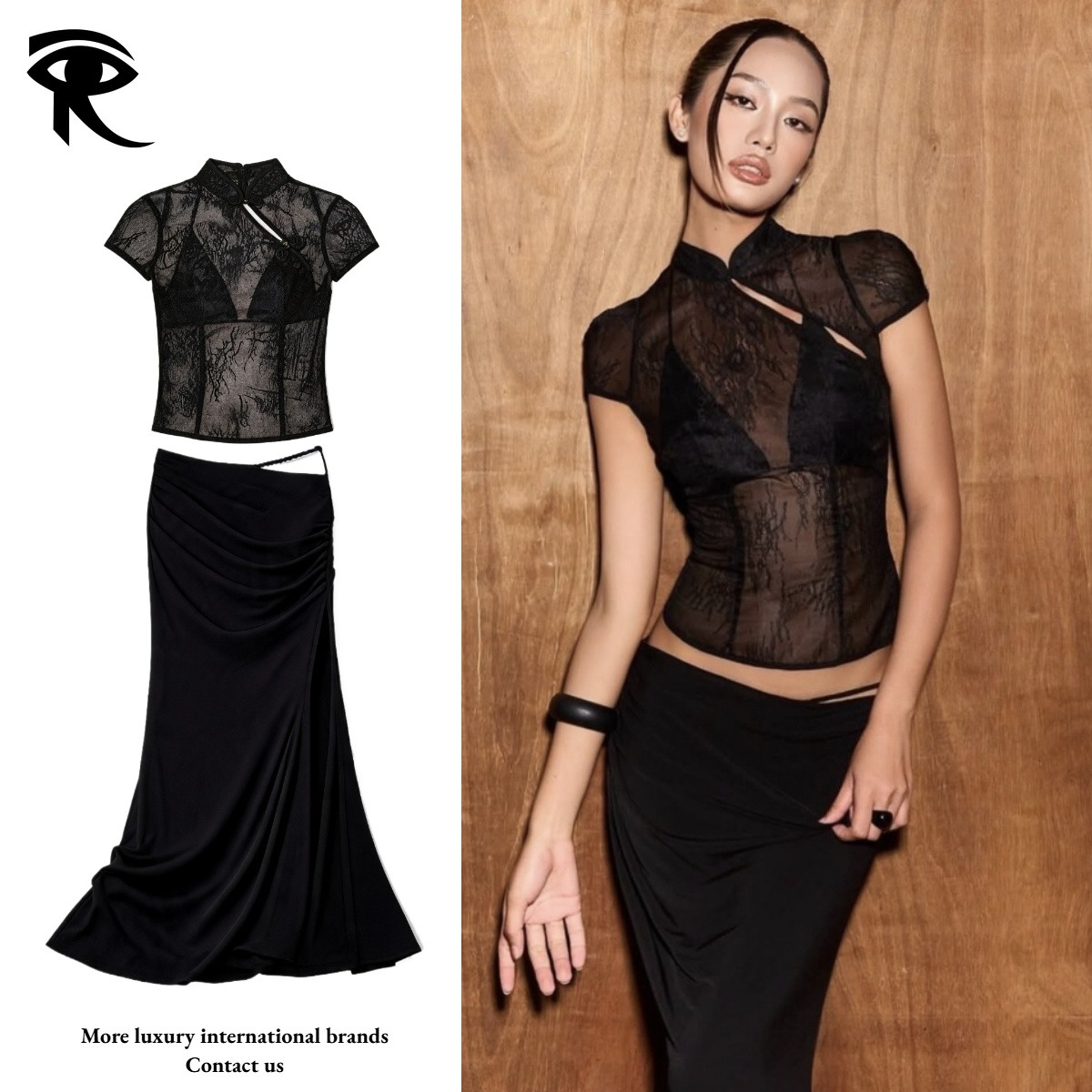 Chinois Col Montant Vintage Sexy Dentelle Sheer Top Femmes Millennium Spicy Girl Y2K T-shirt Satin Midi Jupe Deux Pièces Ensemble Original Créate