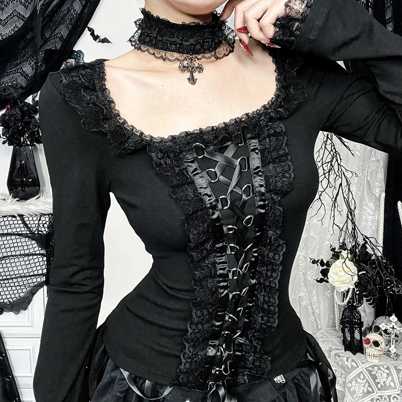 Goth Black Lace Trim Long Sleeve T-Shirts Vintage Sexy Lace-up Square Collar Tops with Choker Cross Women Autumn Tees 260526BJ