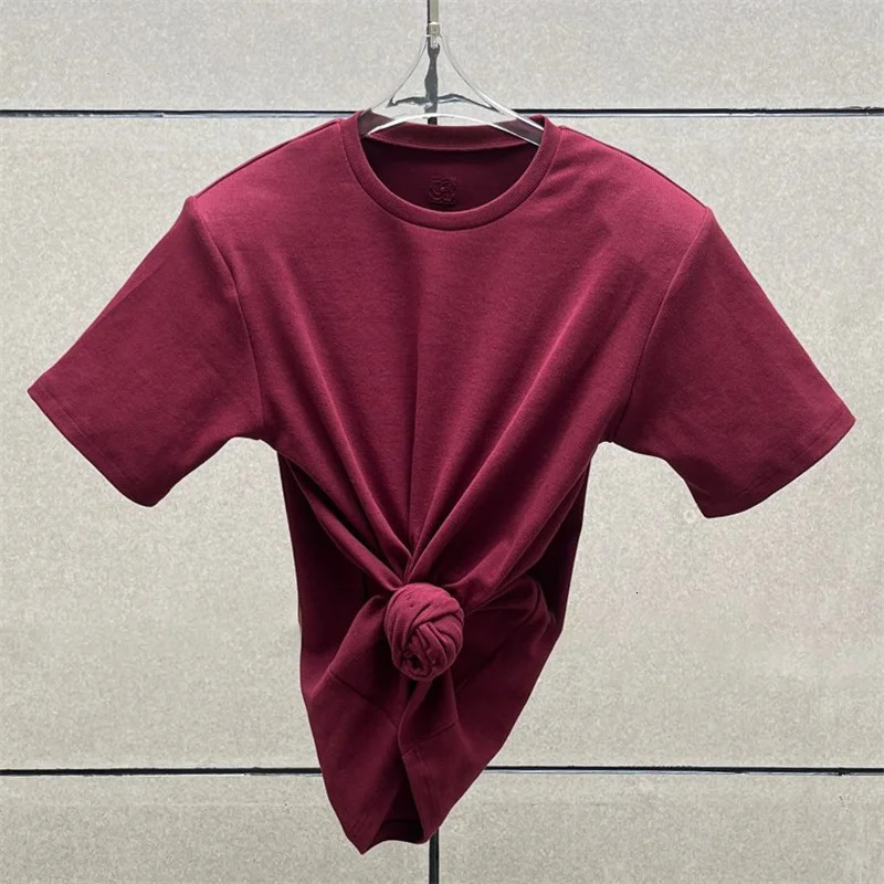 Womens t-shirt summer elastic knitted short sleeved top 3D flower decorated round neck pullover pure cotton crop top 260526BJ