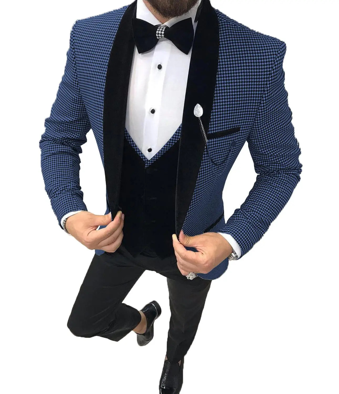 Fashion Houndstooth Mens Suits Slim Fit Business Retro Classic Groom Tweed Tuxedos for Wedding Blazer Pants Velvet Vest 3 Pieces 260527