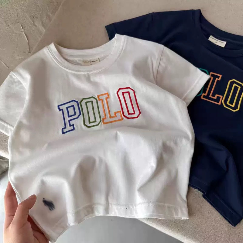 Kids 100% Cotton Polo Shirt, Summer New Short Sleeve Letter Embroidery Lightweight Trendy Tops for Toddler Boys & Girls
