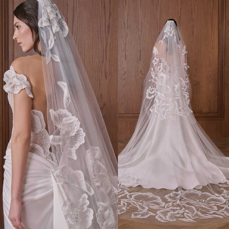 Graceful Lace Appliques Bridal Cathedral Veils One Layer Long Wedding Veils With Comb Velo De Novia Custom Made