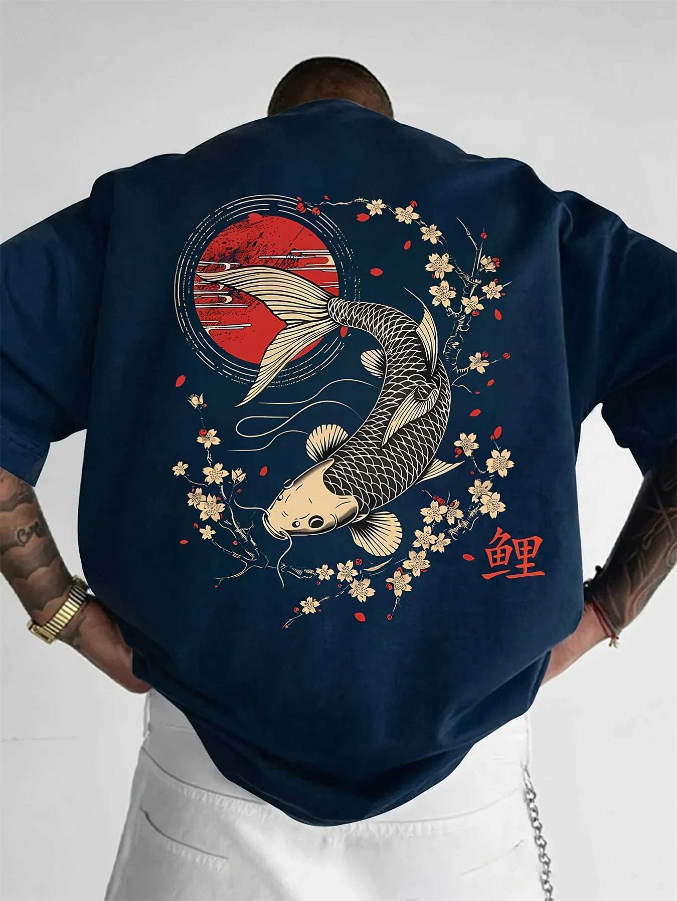 Japanese Style Koi Fish Tee with Fuji Mountain and Sakura Cherry Blossom Print 100 Cotton Mens T-shirt Summer Casual Wear D260528