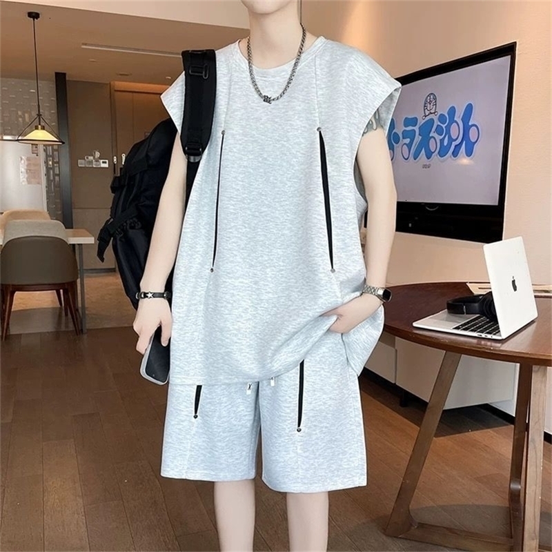 Summer Thin Mens Sleeveless T-shirt Set Trendy Loose Versatile Sports Casual Two-piece 260522BJ