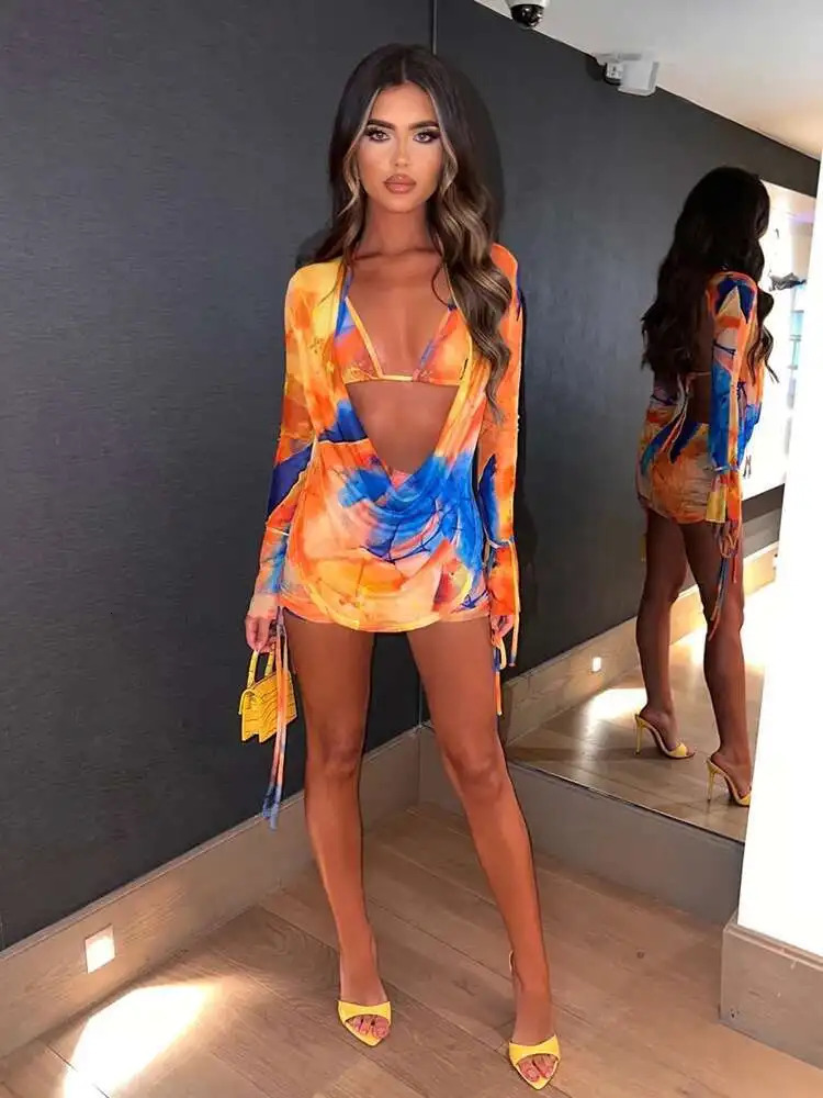 Townlike Sexy 3 Pieces Set Women Long Sleeve Crop Top And Mini Skirts And Bra Slim Three Piece Set Spring Summer Outfits 260527BJ