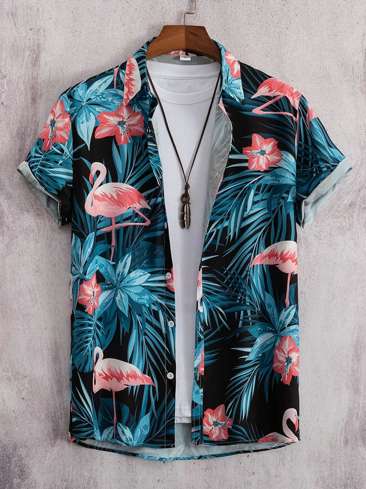Hawaiian Shirt Men Fashion Flower Geometric Printed Blouse Single-breasted Beach Short SleeveTops Mens Holiday Clothing 260528BJ