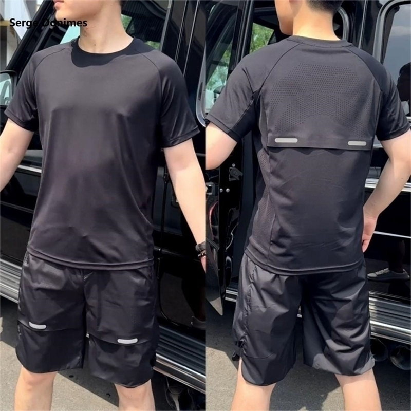 Summer Hollow Ice Silk Quick-drying Set Mens Breathable Solid Color Shorts Mesh Thin Loose Casual Two-piece 260522BJ