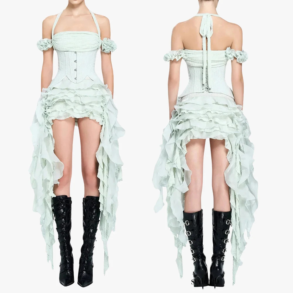 Women Brithday Prom Dress Three Piece Sets Sexy Halter Neck Folds Ruffled DressLace-up Corset TopShorts Suits Party Cocktail 260527BJ