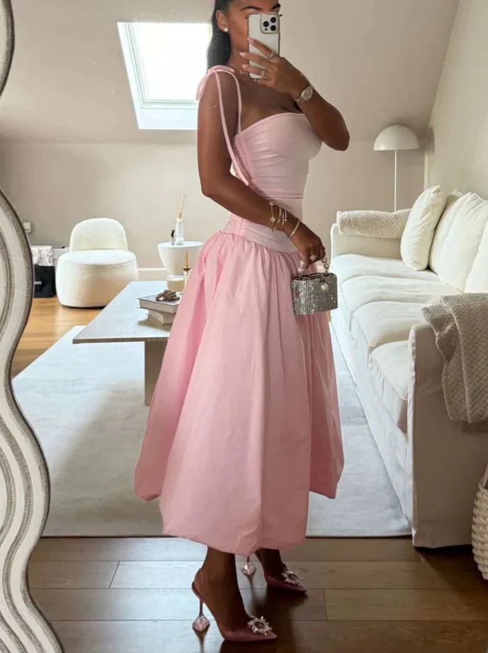 Ensemble deux pièces rose sans bretelles, bretelles à nouer, taille froncée, ourlet bulle, robe de soirée midi, robe de bal, cocktail, formel, él