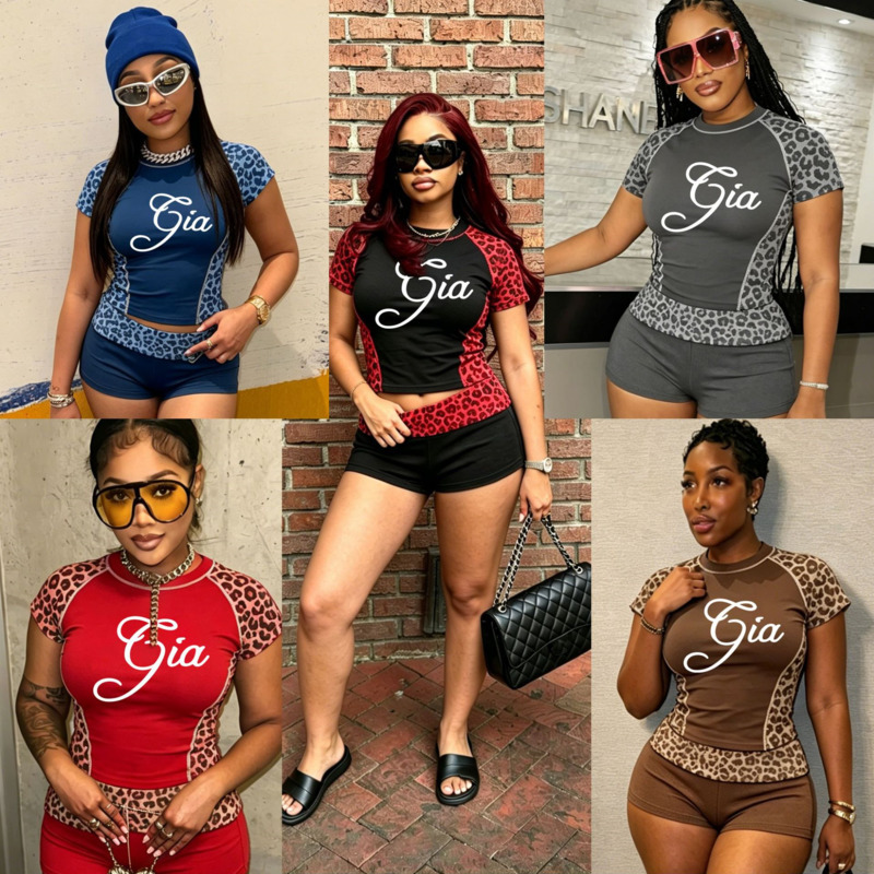 Womens Tracksuits Pieces Set Designer Clothes 2026 New Fashion Printed Leopard Print Patchwork Short Sleeve Sports Shorts Two Piece Outfits