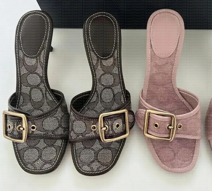 Designer Margot Sandals Women Kitten Heels C Beach Summer Luxury Denim Heel High Leather Slippers Fall Pumps Cute Lady Low Heeled Size 35-42